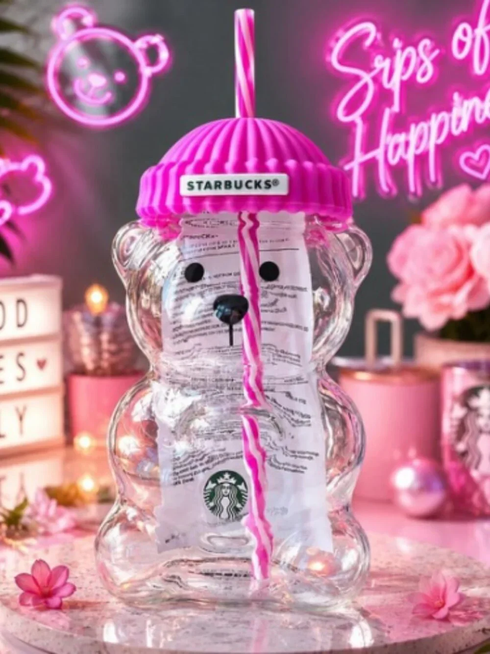 2026 Starbucks Bearista Rose Red Bear Glass Tumbler Cold Cup w/ Straw
